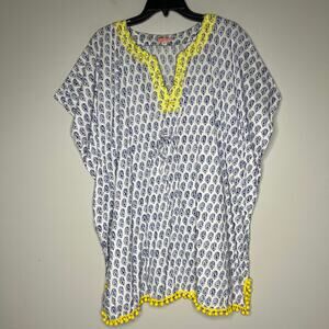 Stella & Dot Paisley Print Beach Cover-Up Yellow Pom-Pom Trim OS Resort Vacation